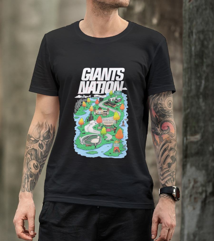 Bobby Skinner Giants Nation Cartoon Landscape Get Well Soon Welcome To Giants Nation Balloon Trees River T-Shirt