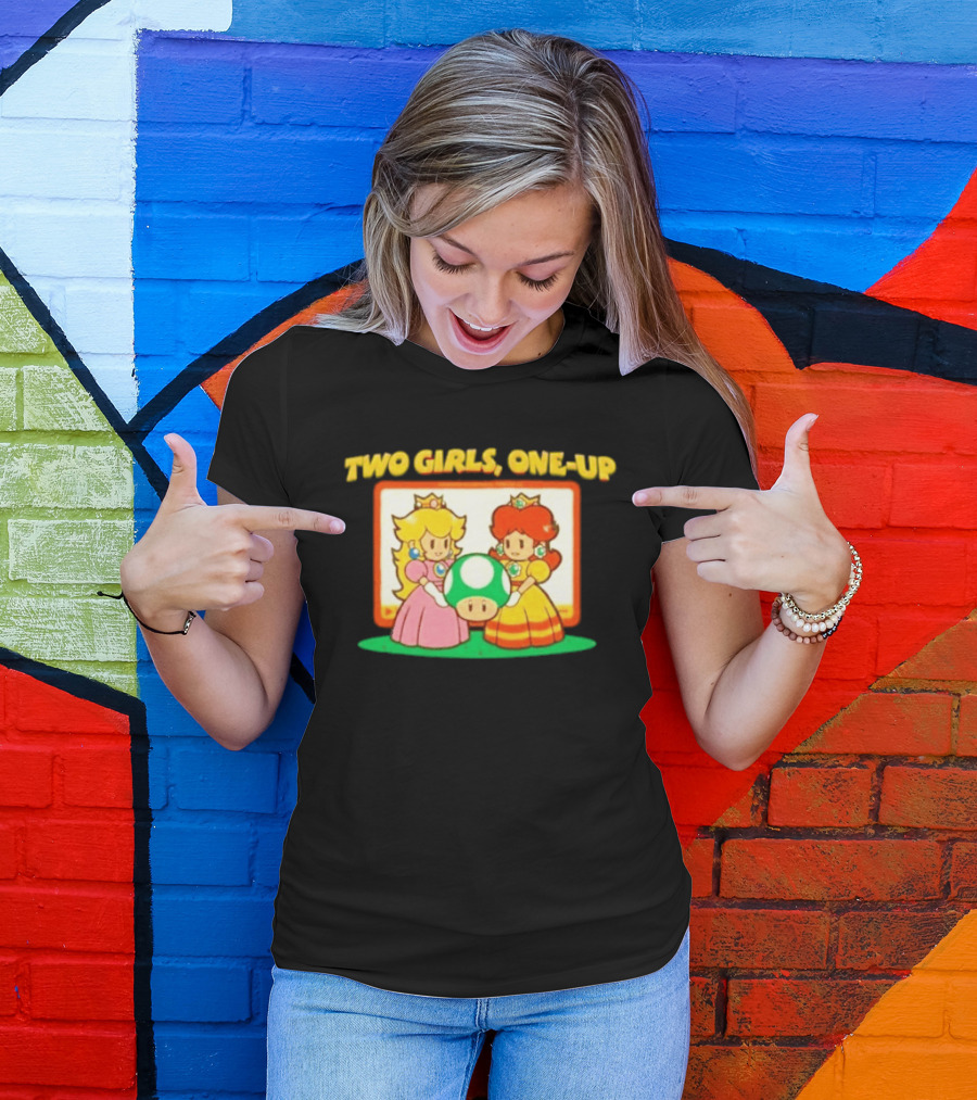 Two Girls One Up Mario Princess Peach Daisy 1 Up Mushroom T-Shirt