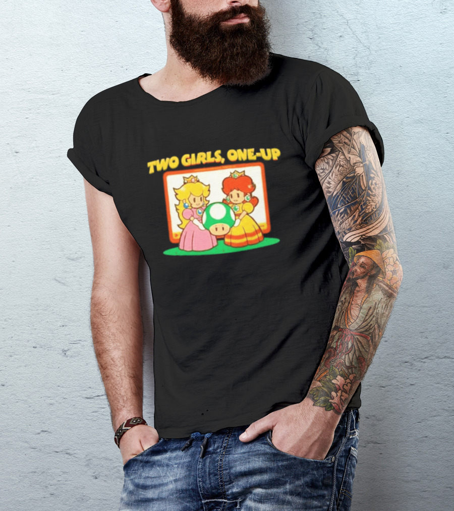 Two Girls One Up Mario Princess Peach Daisy 1 Up Mushroom T-Shirt