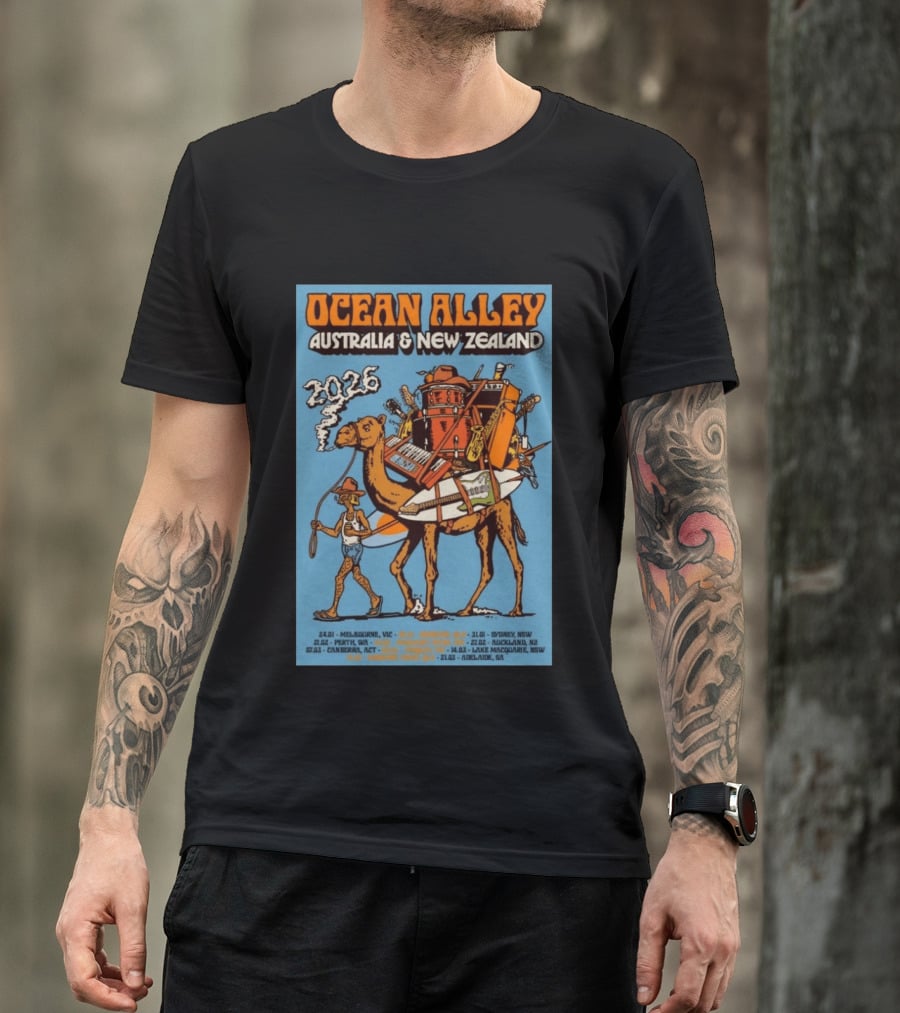 Ocean Alley Australia New Zealand 2026 Tour Dates With Camel And Musical Gear T-Shirt