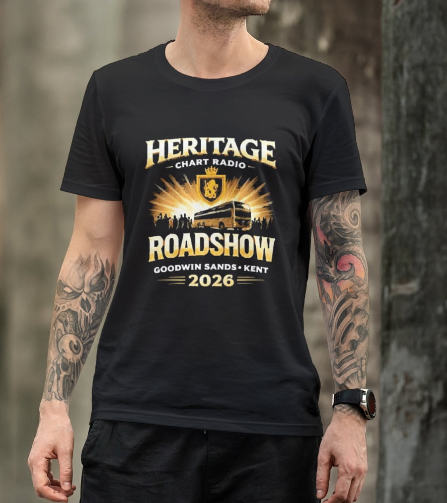 Heritage Chart Radio Roadshow Goodwin Sands Kent 2026 Lion Crest Bus Tour T-Shirt