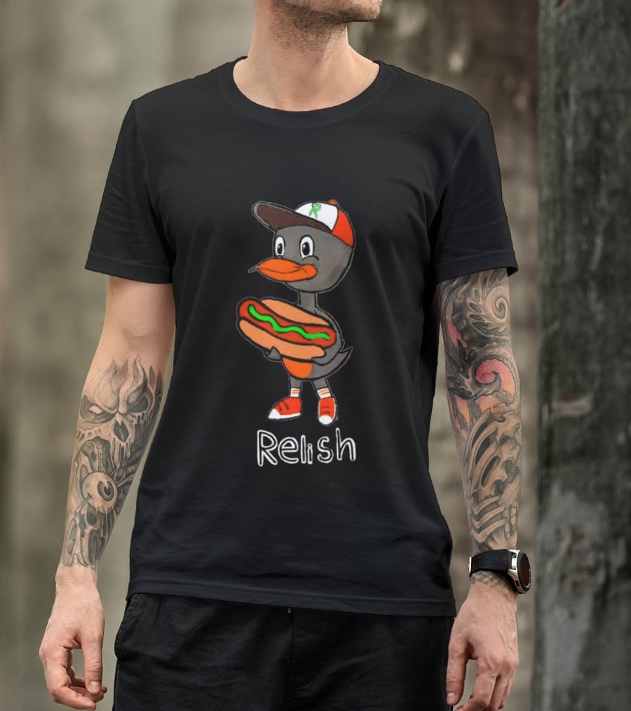 Relish Baltimore Orioles MLB Cartoon Duck Holding Hot Dog Baseball Hat T-Shirt
