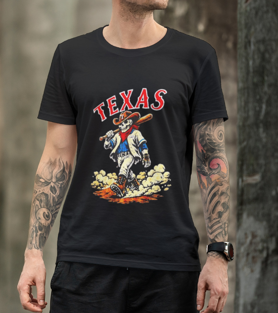 Texas Rangers Cowboy Skull Baseball Player T-Shirt