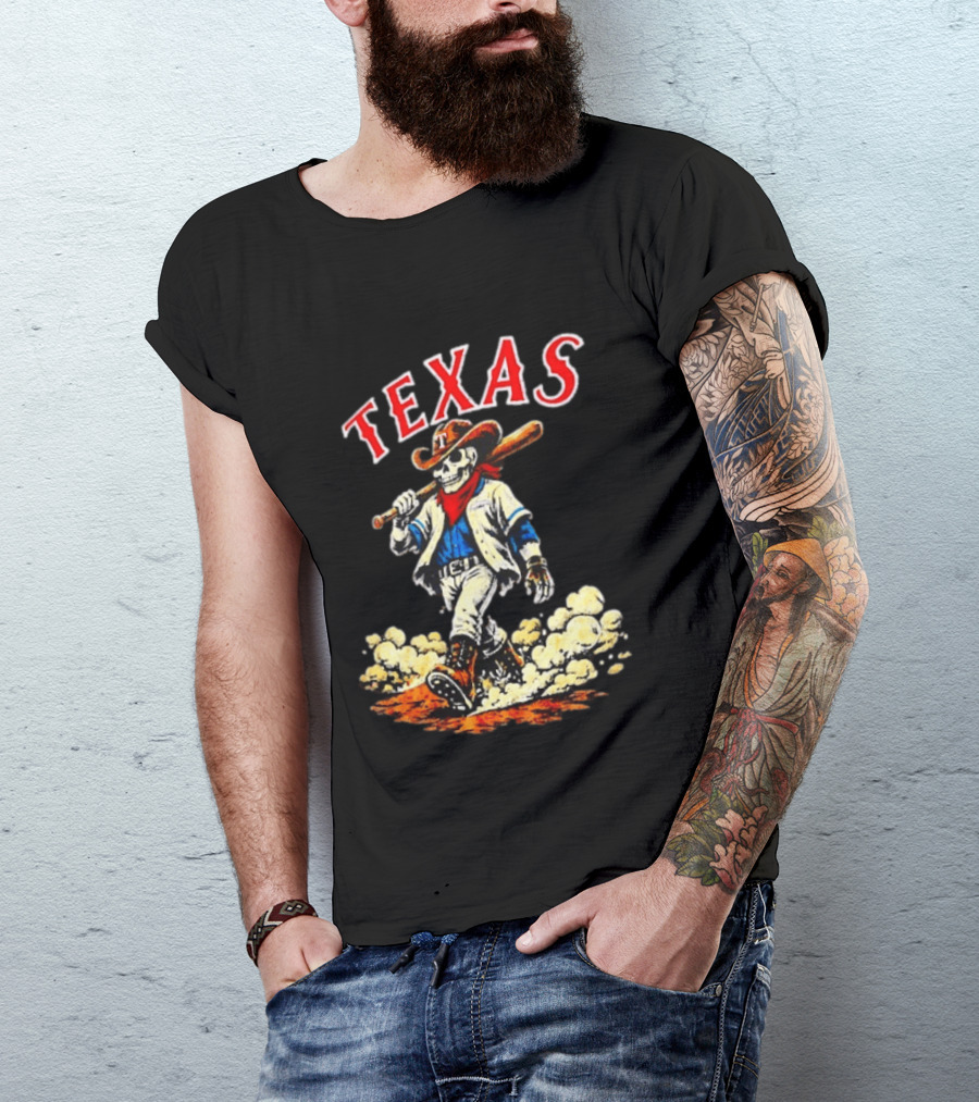 Texas Rangers Cowboy Skull Baseball Player T-Shirt