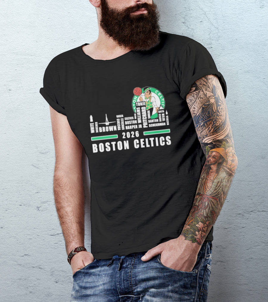 2026 Boston Celtics Brown Tatum Brogdon Porzingis White Smart Hoops Skyline T-Shirt