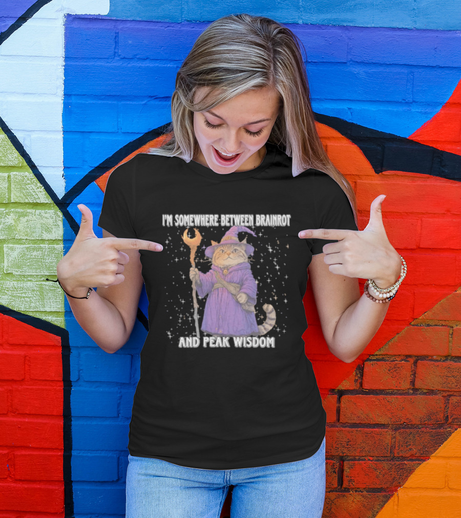 I'm Somewhere Between Brainrot And Peak Wisdom Cat Wizard T-Shirt