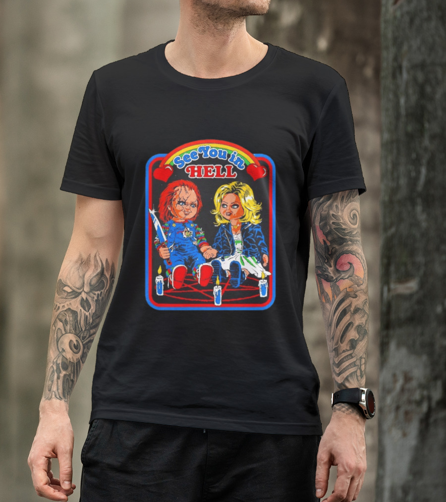 See You In Hell Chucky And Bride Horror Movie Characters Candles T-Shirt
