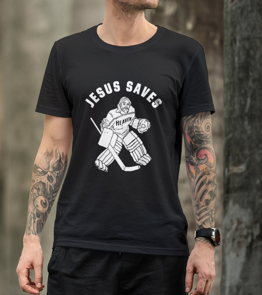 Jesus Saves Hockey Goalie Blocking Puck T-Shirt