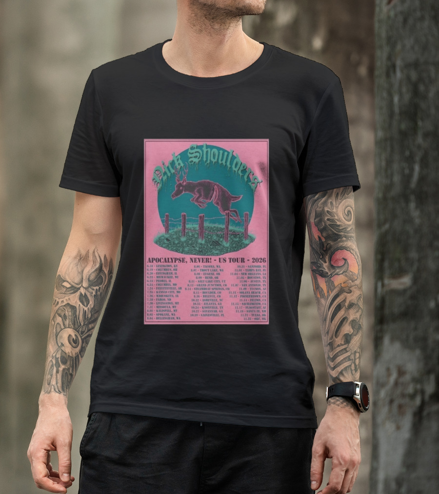 Nick Shoulders Apocalypse Never US Tour 2026 Retro Pink And Teal Leaping Deer Design With Tour Dates T-Shirt