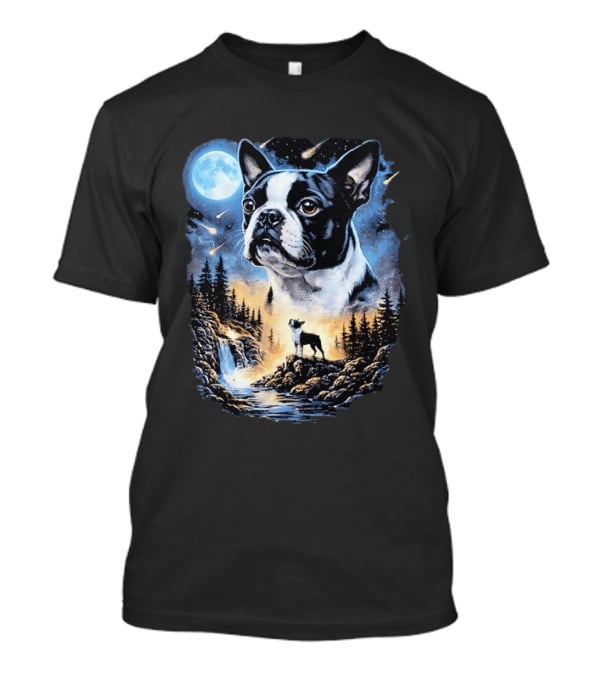 Boston Terrier Howling Moon Night Wilderness Scene T-Shirt