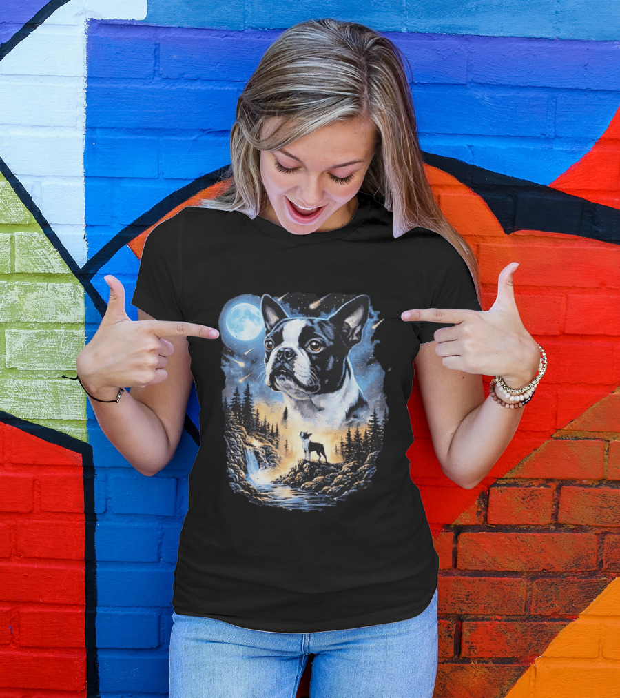 Boston Terrier Howling Moon Night Wilderness Scene T-Shirt
