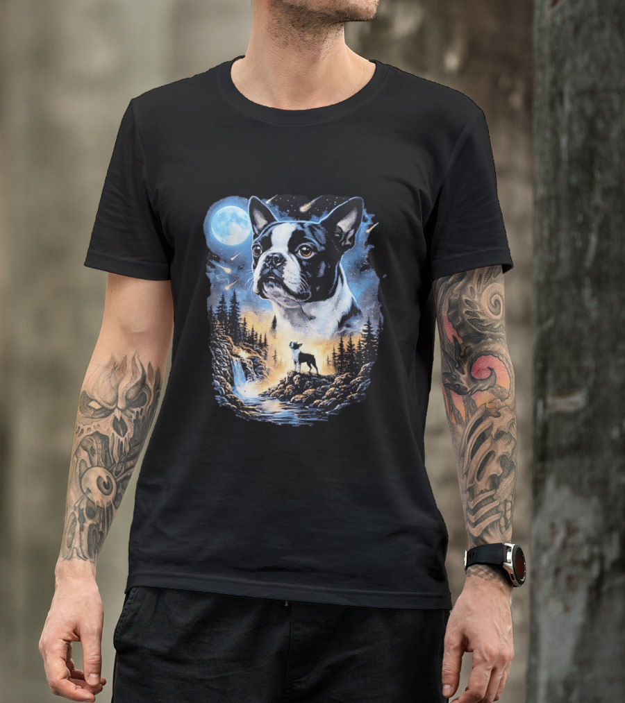 Boston Terrier Howling Moon Night Wilderness Scene T-Shirt