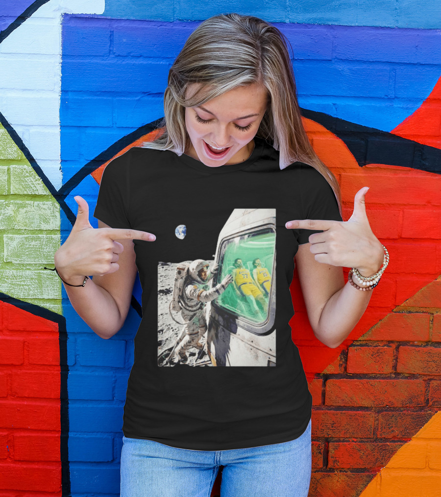 LeBron James Lakers Alone In Space Astronaut Scene With Number 77 And 15 In Spaceship T-Shirt