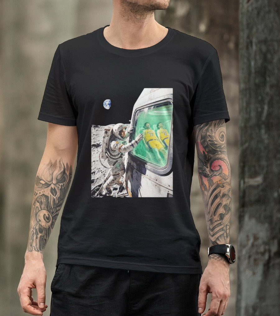 LeBron James Lakers Alone In Space Astronaut Scene With Number 77 And 15 In Spaceship T-Shirt