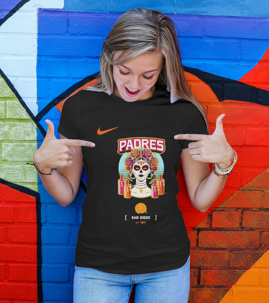Nike San Diego Padres 2026 City Connect Dia De Los Muertos Candles Roses Large T-Shirt
