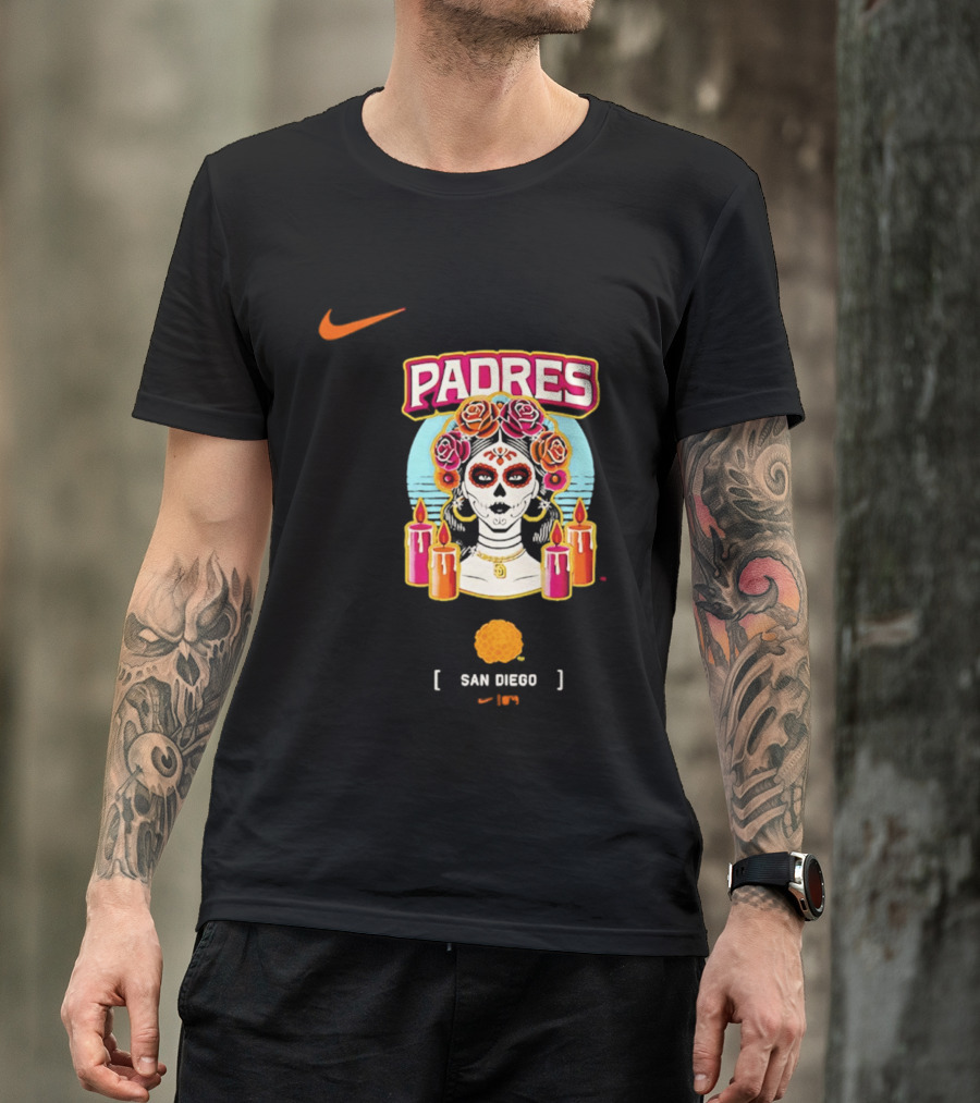 Nike San Diego Padres 2026 City Connect Dia De Los Muertos Candles Roses Large T-Shirt