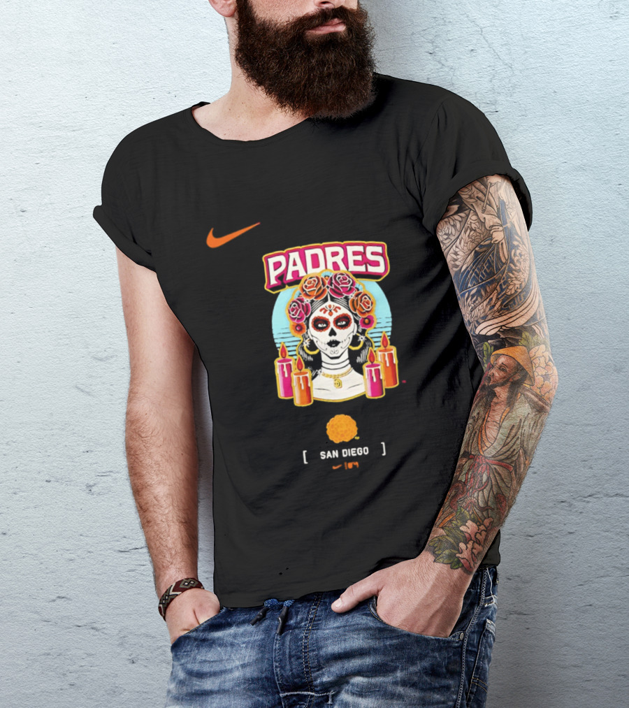 Nike San Diego Padres 2026 City Connect Dia De Los Muertos Candles Roses Large T-Shirt