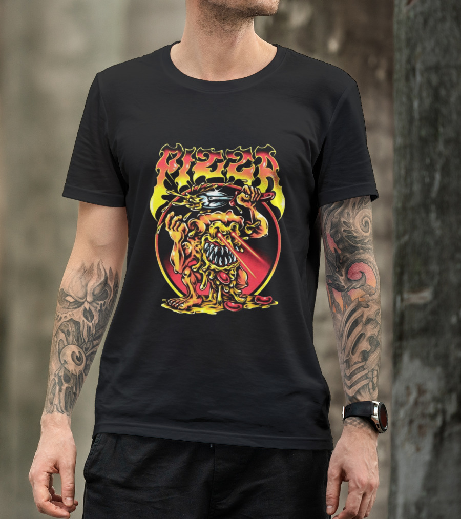 Pizza Monster Melting Laser Eyes Fiery Cheesy Creature T-Shirt