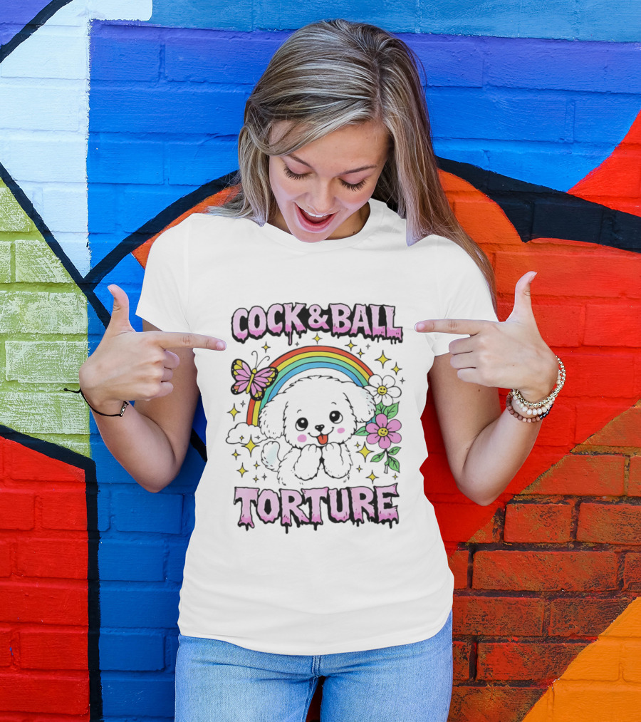 Cock And Ball Torture Dog Rainbow Butterfly Flowers T-Shirt