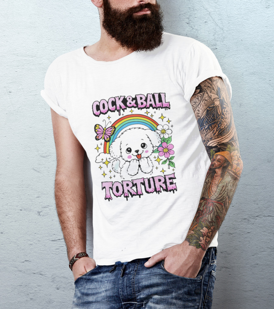 Cock And Ball Torture Dog Rainbow Butterfly Flowers T-Shirt