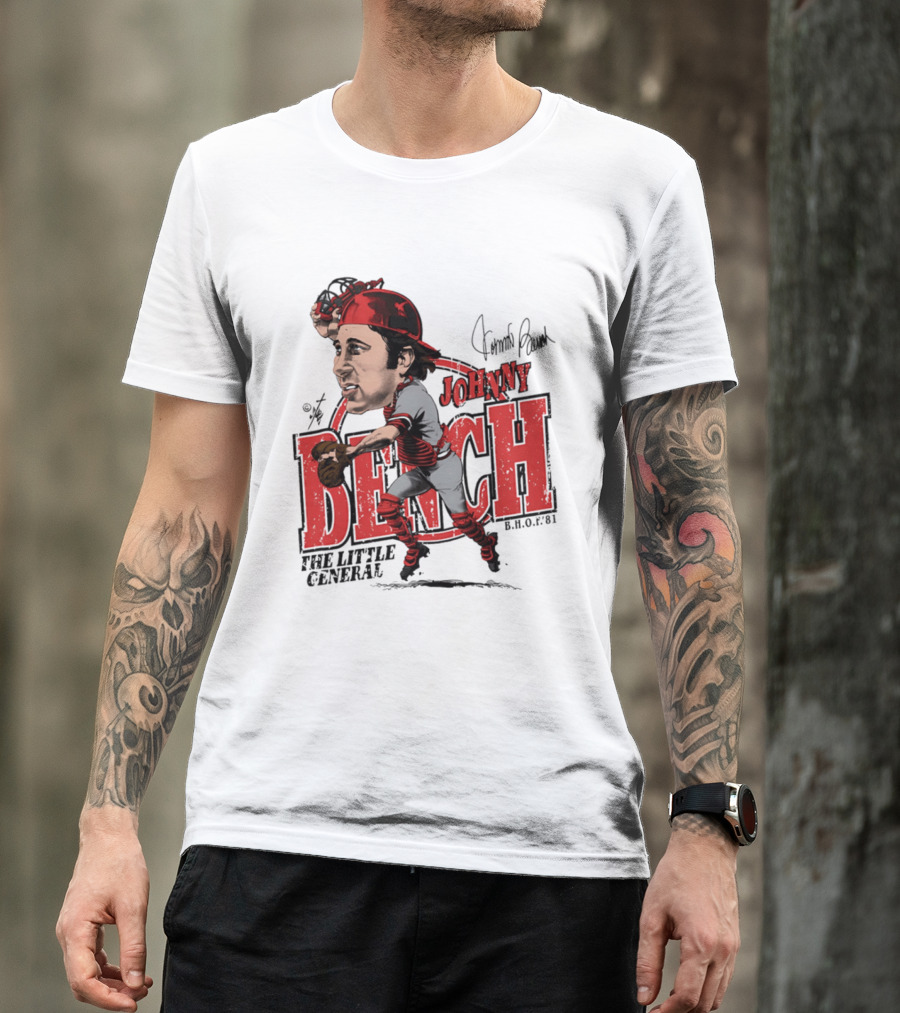 Johnny Bench Cincinnati The Little General Bruce Stark Collection HOF Caricature T-Shirt