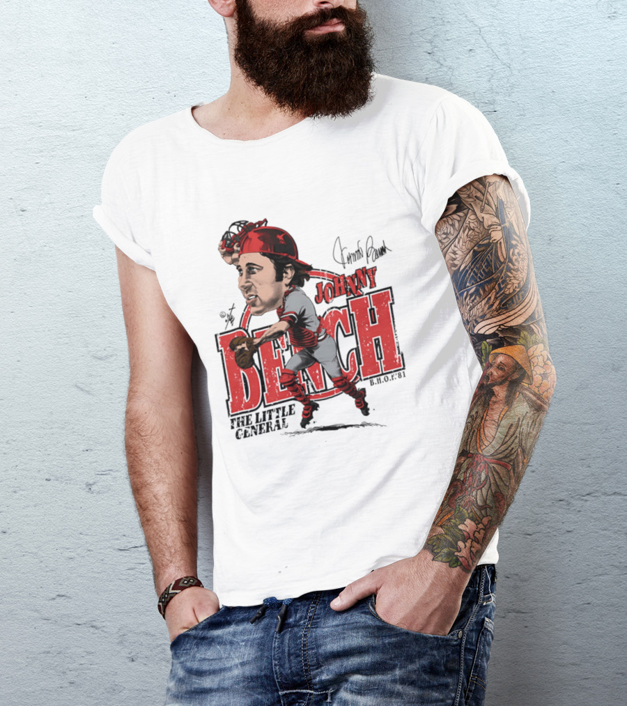 Johnny Bench Cincinnati The Little General Bruce Stark Collection HOF Caricature T-Shirt