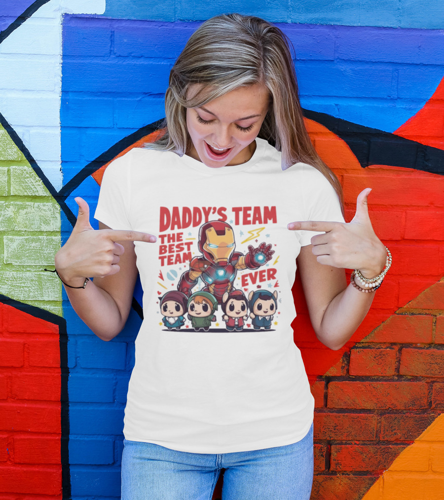 Daddys Team The Best Team Ever Superhero Dad Iron Man And Kids T-Shirt