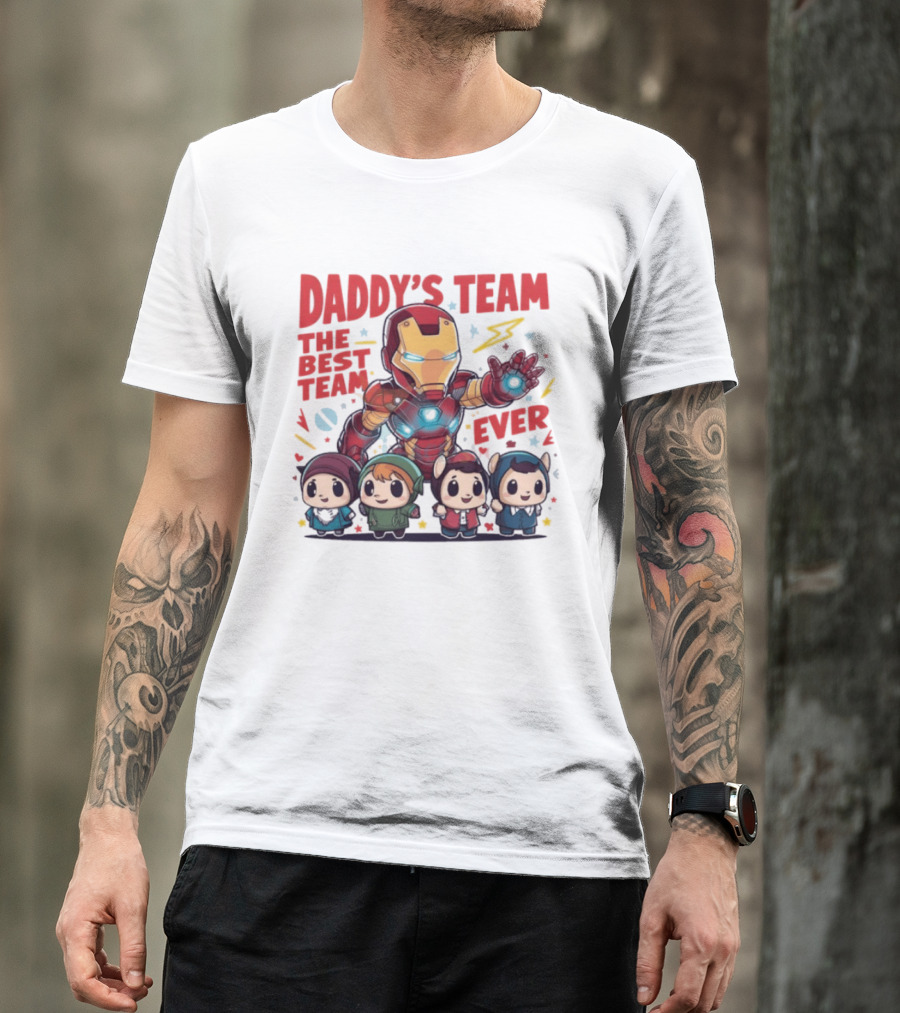 Daddys Team The Best Team Ever Superhero Dad Iron Man And Kids T-Shirt