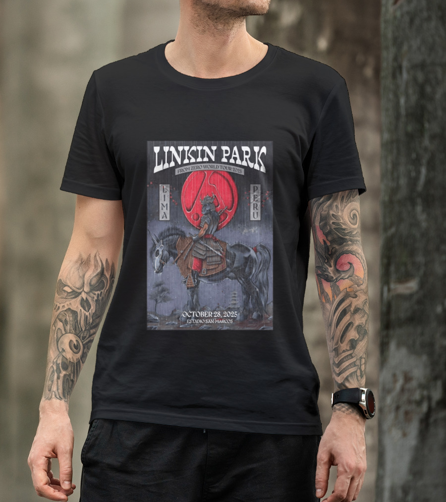 Linkin Park From Zero World Tour 2025 Lima Peru Estadio San Marcos October 28 Samurai Warrior On Horse With Red Moon T-Shirt