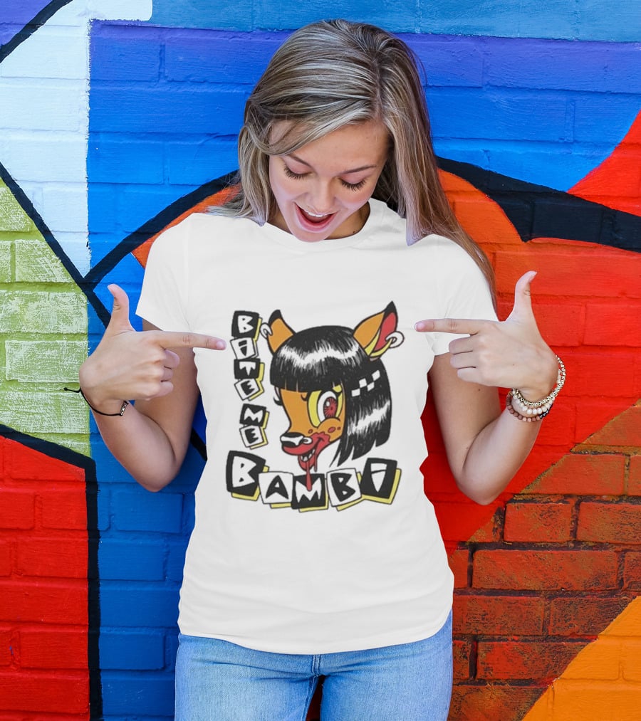 Bite Me Bambi Cartoon Character With Black Hair And Blood Dripping Mouth T-Shirt