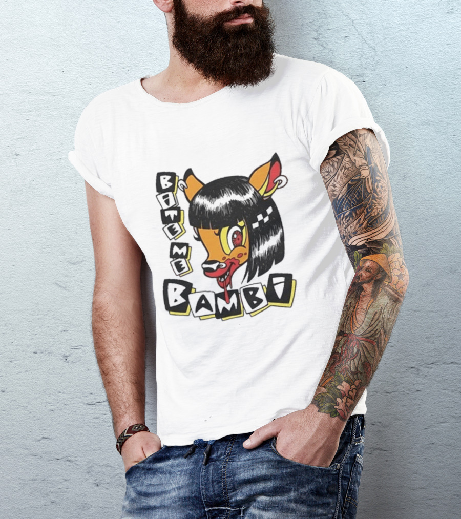 Bite Me Bambi Cartoon Character With Black Hair And Blood Dripping Mouth T-Shirt
