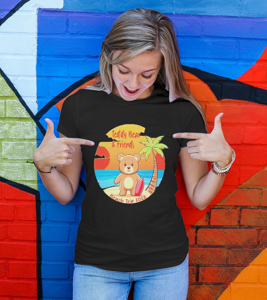 Teddy Bear And Friends Beach Trip 2026 Summer Adventure With Palm And Sunset T-Shirt