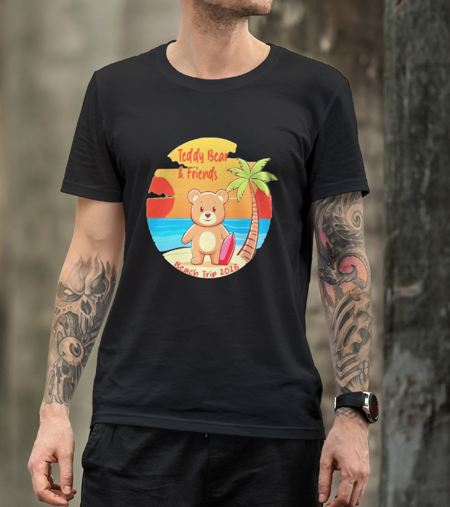 Teddy Bear And Friends Beach Trip 2026 Summer Adventure With Palm And Sunset T-Shirt