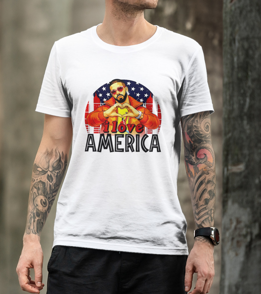 Drake I Love America Flag Heart Gesture Red Jacket Sunglasses T-Shirt