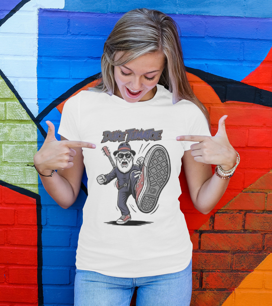 Duke Tumatoe Character Kicking Action In Blue Outfit And Red Shoes T-Shirt