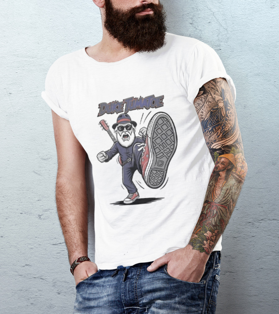 Duke Tumatoe Character Kicking Action In Blue Outfit And Red Shoes T-Shirt