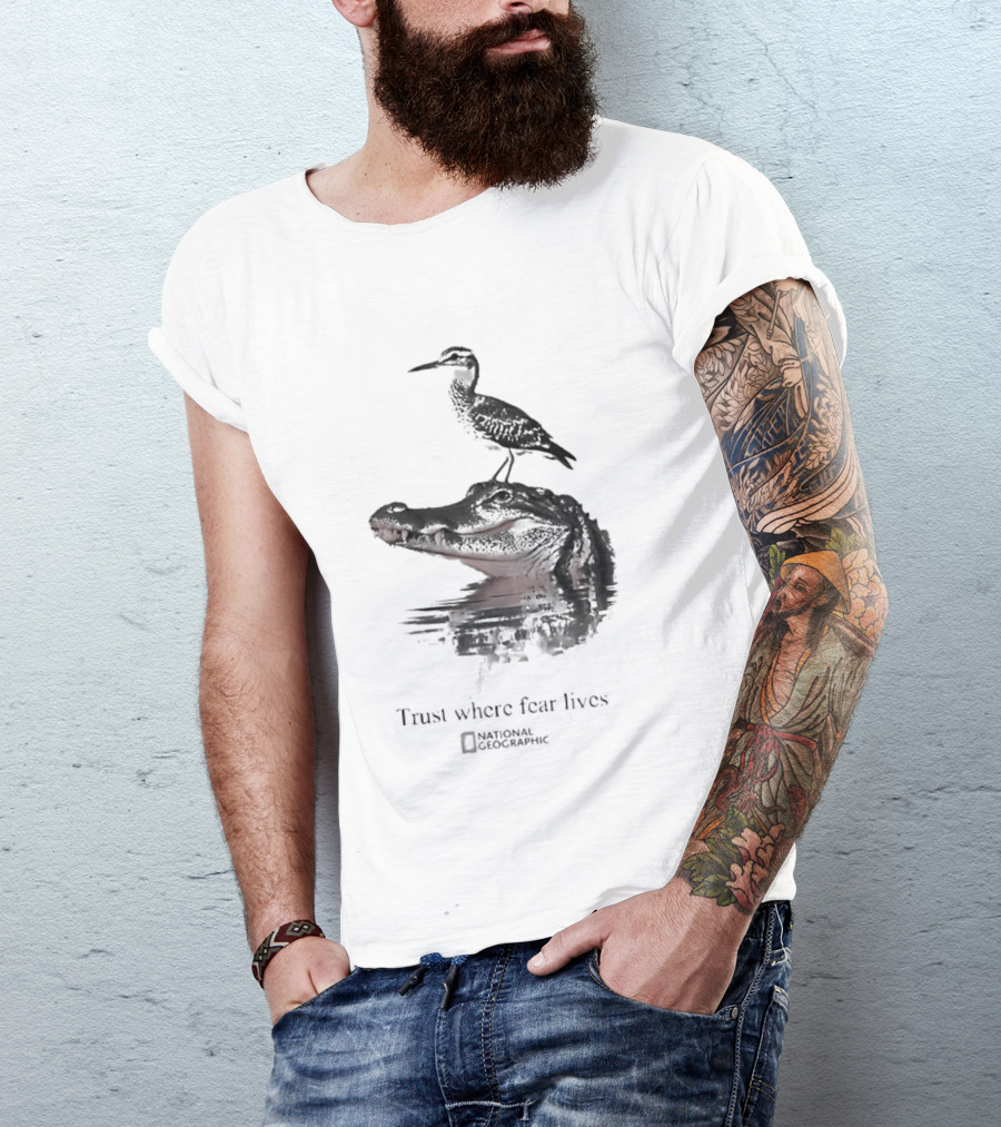 National Geographic Trust Where Fear Lives Alligator And Bird T-Shirt