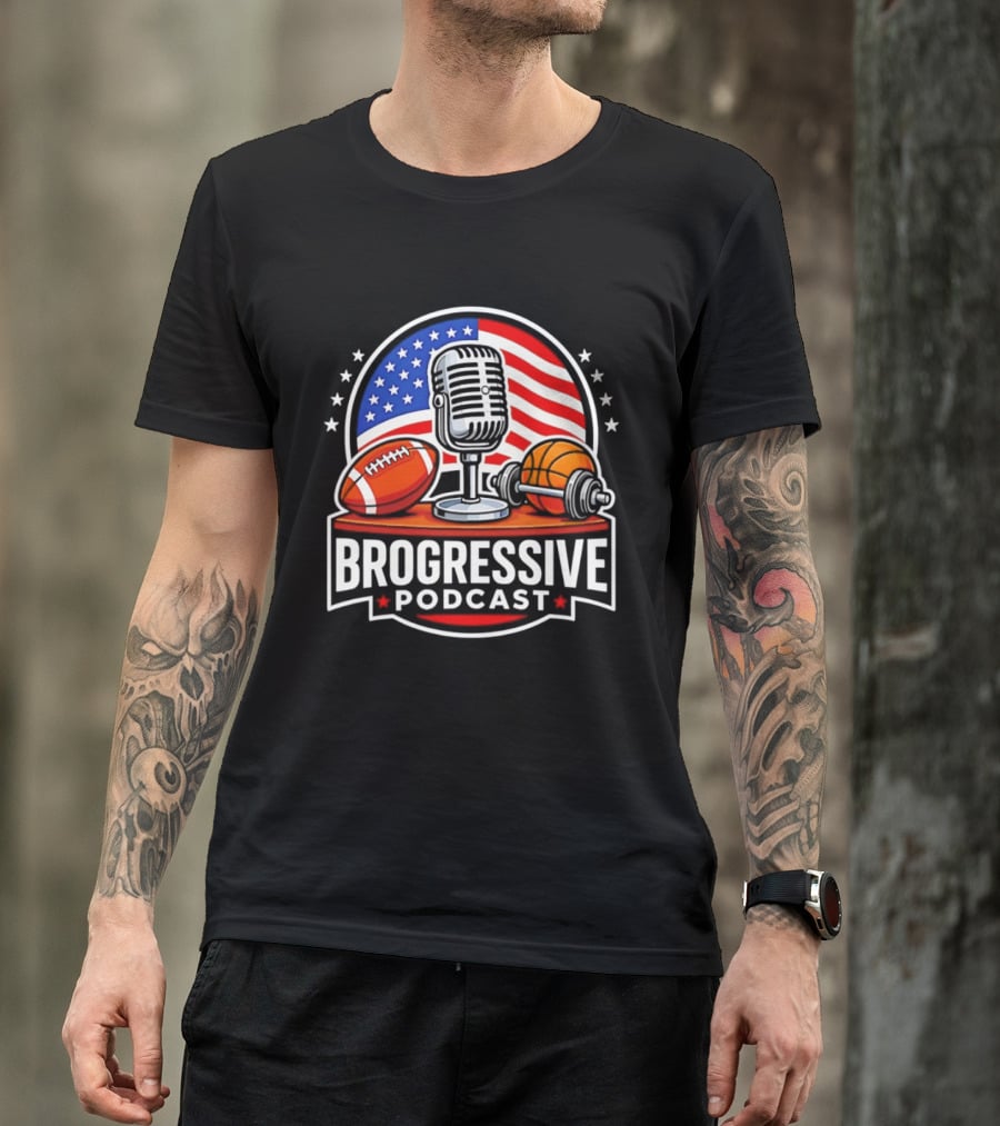 Brogressive Podcast American Flag Microphone Football Dumbbell Stars T-Shirt