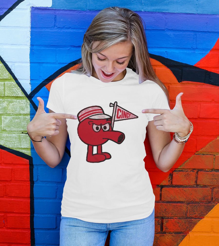 Cincy Redbert Cartoon Character With Striped Hat And Flag T-Shirt