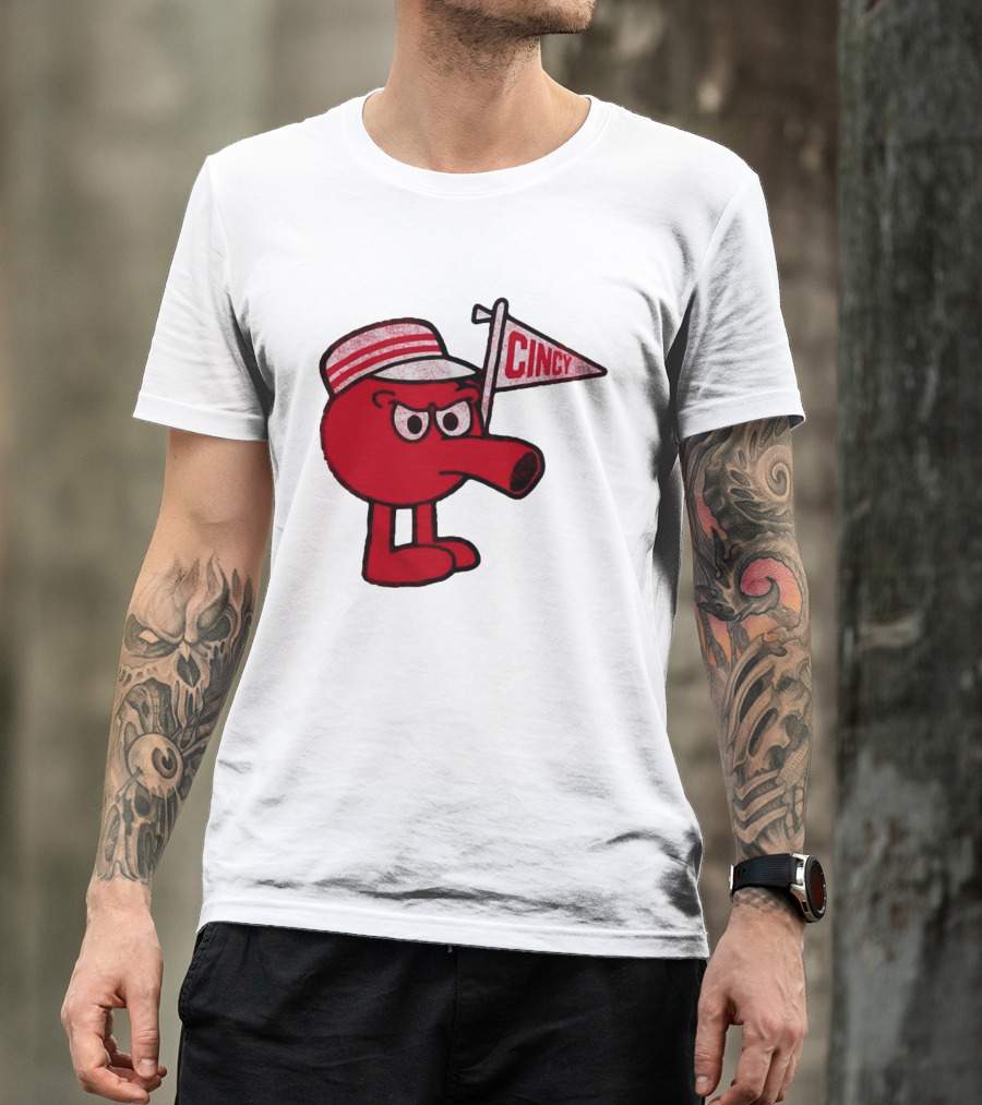 Cincy Redbert Cartoon Character With Striped Hat And Flag T-Shirt