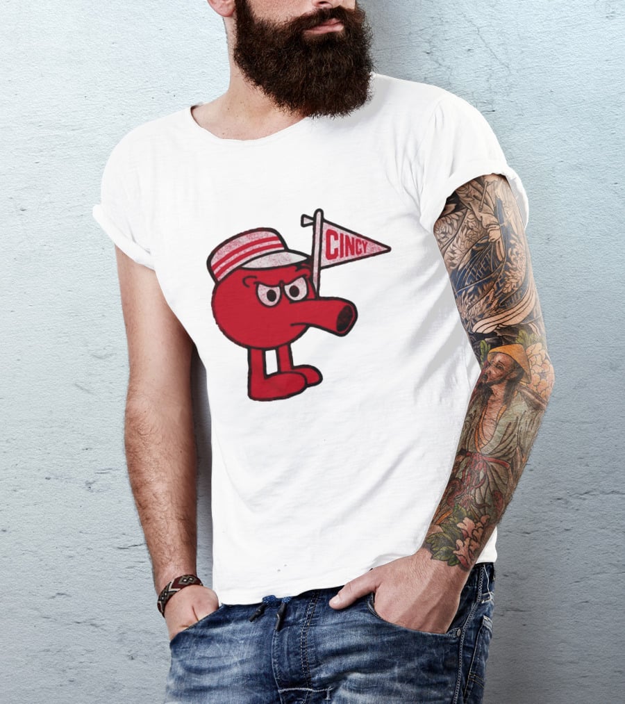 Cincy Redbert Cartoon Character With Striped Hat And Flag T-Shirt