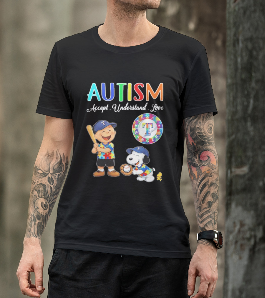 Peanuts Texas Rangers Autism Accept Understand Love Charlie Brown Snoopy T-Shirt