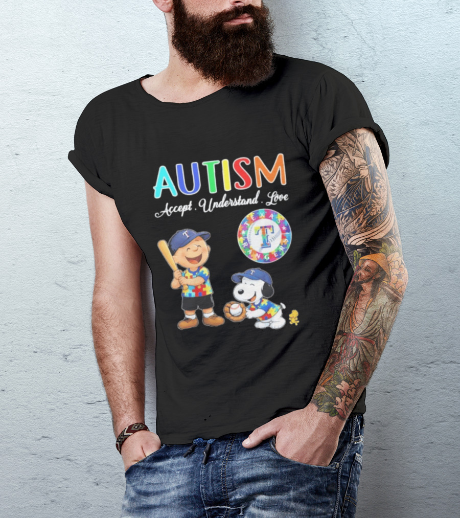 Peanuts Texas Rangers Autism Accept Understand Love Charlie Brown Snoopy T-Shirt