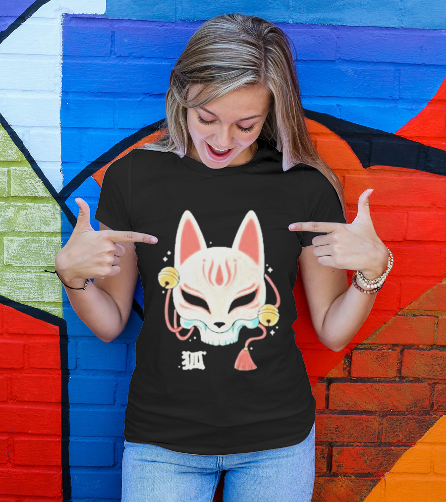 Lonely Club Kitsune Skull Mask With Bells And Kanji T-Shirt