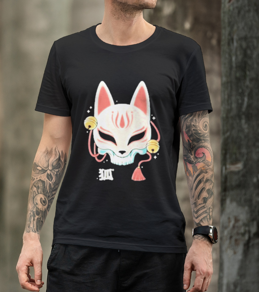 Lonely Club Kitsune Skull Mask With Bells And Kanji T-Shirt