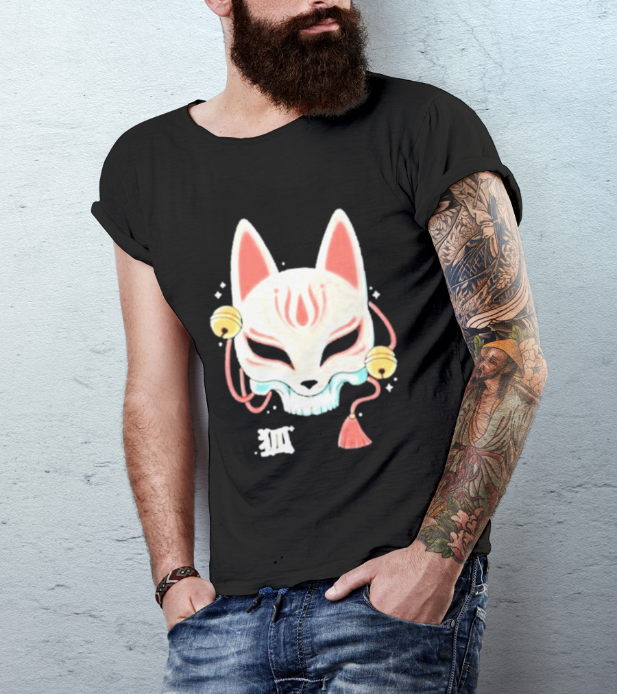 Lonely Club Kitsune Skull Mask With Bells And Kanji T-Shirt