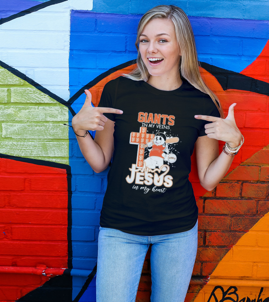 San Francisco Giants In My Veins Jesus In My Heart Baseball Cross Panda T-Shirt