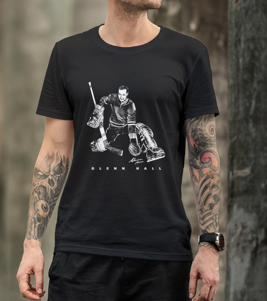 Glenn Hall Chicago Blackhawks Hockey Bitmap Vintage Style Goalie Iconic Pose T-Shirt