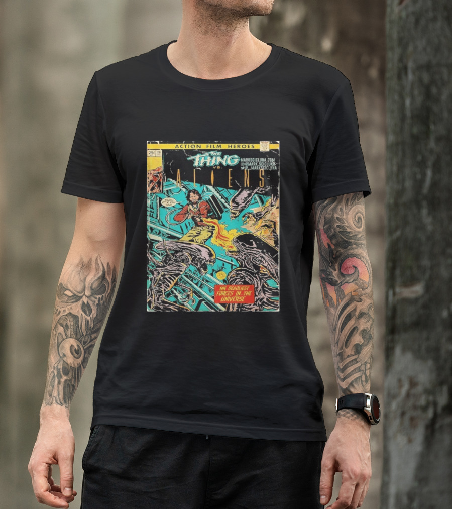The Thing Vs Aliens MacReady Action Film Heroes Comic The Deadliest Forces In The Universe T-Shirt