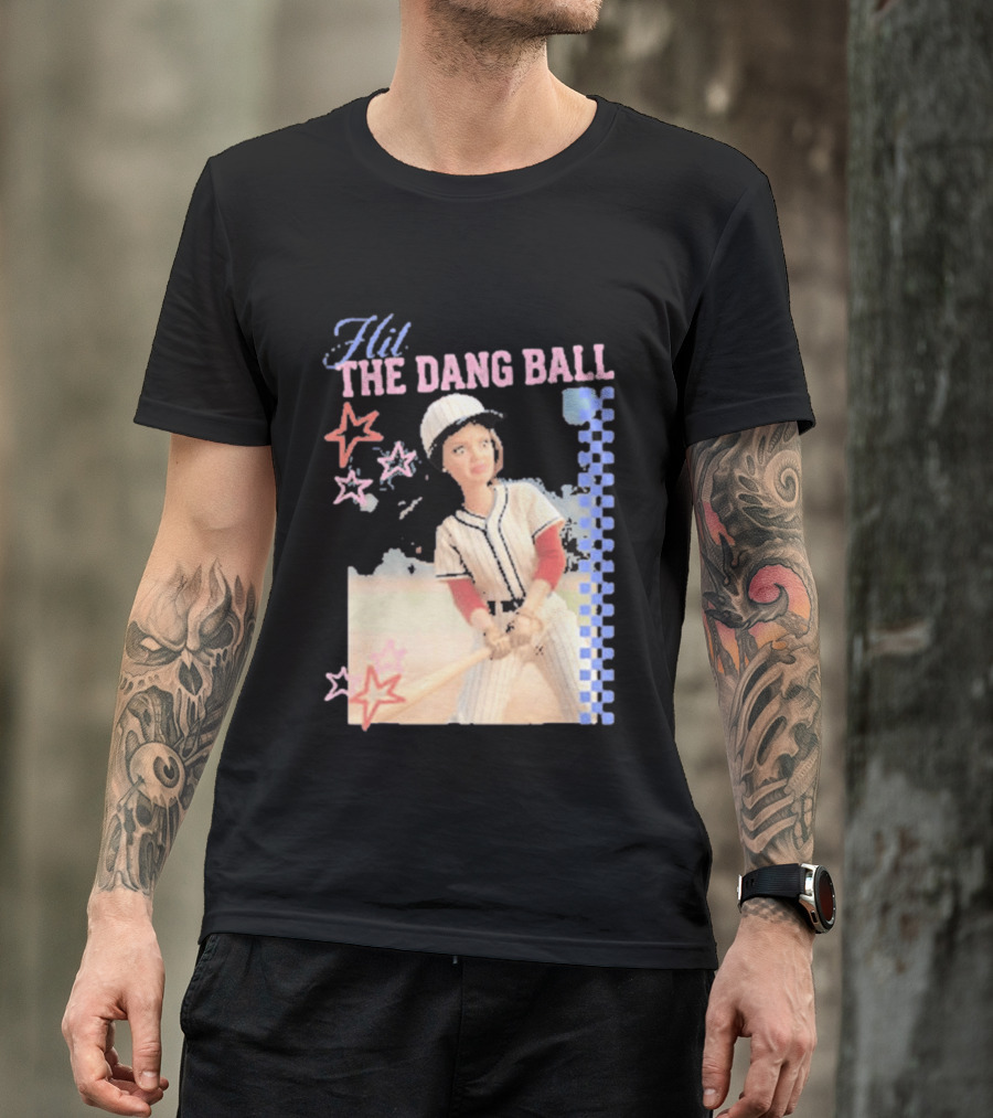 Hit The Dang Ball Vintage Baseball Player With Stars And Blue Checkerboard T-Shirt
